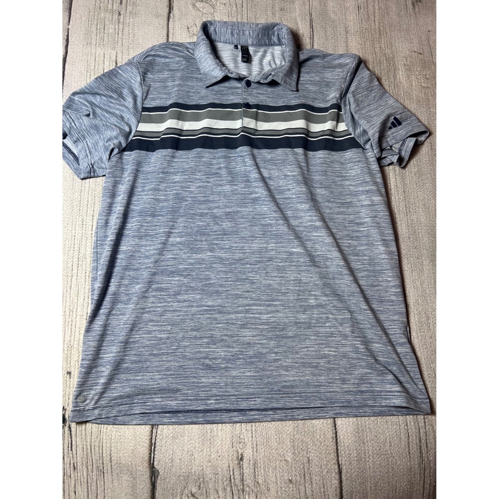 Adidas Mens Golf Polo Shirt XL Blue Heathered Striped Performance Short Sleeve - Picture 1 of 6